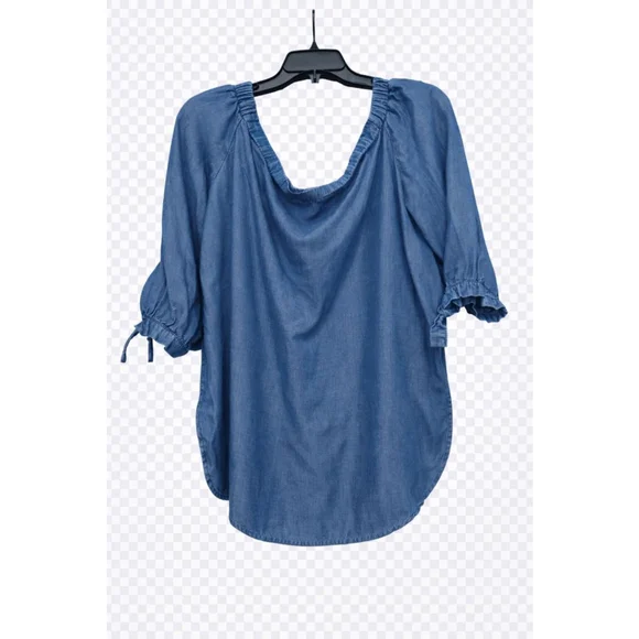 Cato Chambray Off Shoulder Peasant Blouse 18/20W Plus Size Blue Tencel - Picture 2 of 6